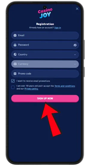 Register casino account on Android