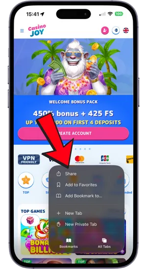 Tap the share button in Safari