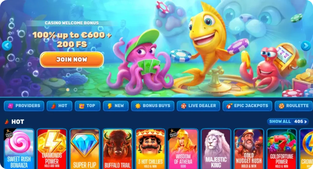 Spinfin Casino lobby with welcome bonus and hot slots including Sweet Rush and Buffalo Trail