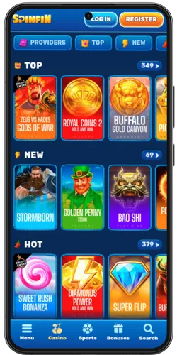 Spinfin Casino top new and hot slots categories with game thumbnails on mobile