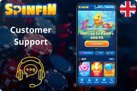 Spinfin Casino customer support with 24/7 live chat and mobile lobby interface