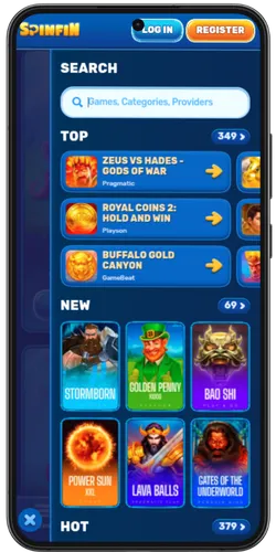 Spinfin Casino search function with top slots and provider filter on mobile