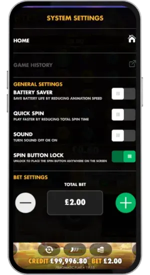 Settings Menu and Bet Control Panel