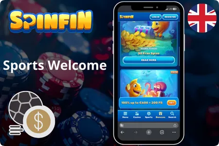 Spinfin Casino welcome bonus selection screen with casino and sports offers