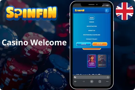 Spinfin Casino mobile menu showing registration and bonus sections