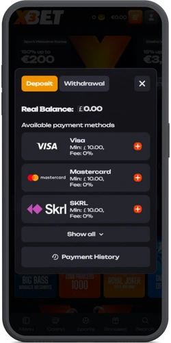 Cashier with Visa Mastercard and Skrill deposit methods from 10 with zero fee
