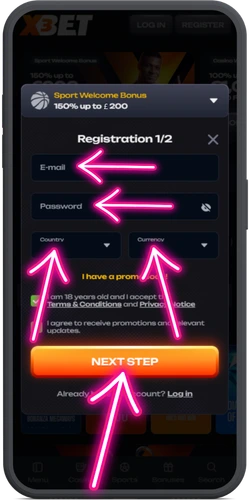 Registration form with email password and country fields