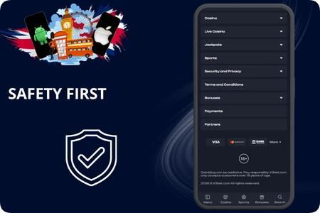 Security and Privacy menu with 18 plus badge in a casino app footer